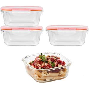 Lock&Lock Glazen vershoudbakjes - Glazen meal prep bakjes - Glazen bakjes met deksel - Ovenschaaltjes met deksel - Airfryer bakjes - Bewaarbakjes - Luchtdicht - Vierkant - 750 ml - Set van 4 stuks - LocknLock