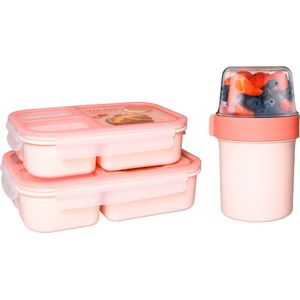 Lock&Lock Lunchset - Yoghurtbeker en Lunchboxen - Bento Box - Muesli Beker - Snackdoosjes - Lunchpot - Met Compartimenten - Volwassenen en Kinderen - To Go - Lekvrij - BPA vrij - Roze