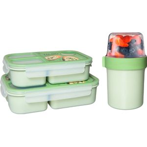 Lock&Lock Lunchset - Yoghurtbeker en Lunchboxen - Bento Box - Muesli Beker - Snackdoosjes - Lunchpot - Met Compartimenten - Volwassenen en Kinderen - To Go - Lekvrij - BPA vrij - Groen