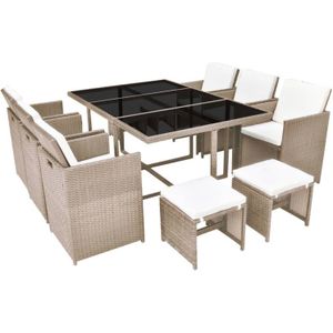 vidaXL 11-delige Tuinset met kussens poly rattan beige