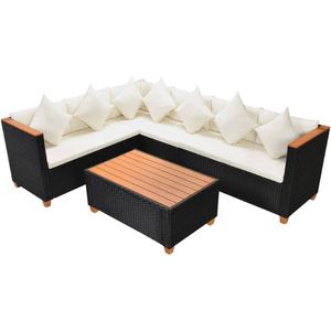 vidaXL 4-delige Loungeset met kussens poly rattan zwart