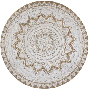 vidaXL Tapijt - Rond - Natuur met Witte Print - Gevlochten Jute - 150 cm