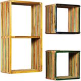 vidaXL - Wandschappenset - Massief Gerecycled Teakhout - Meerkleurig - 3-delig