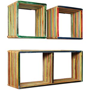 vidaXL - Wandschappenset - Massief Gerecycled Teakhout - Meerkleurig - 3-delig