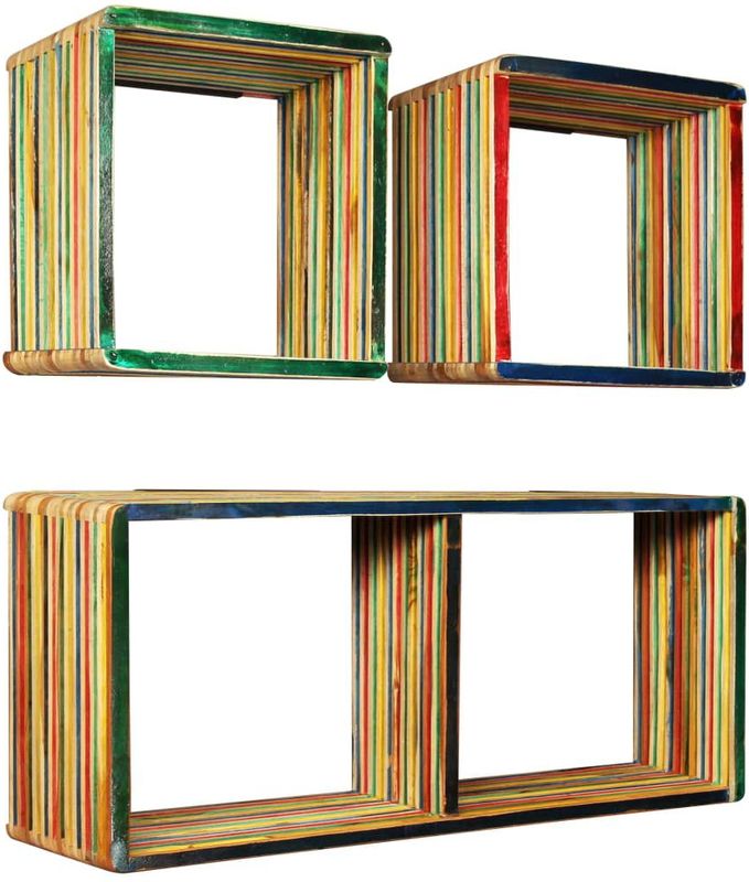 vidaXL - Wandschappenset - Massief Gerecycled Teakhout - Meerkleurig - 3-delig