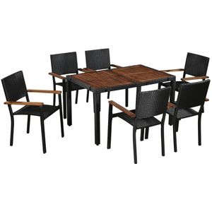 Arjan - 7-delige Tuinset - Zwart - Poly Rattan en Acaciahout