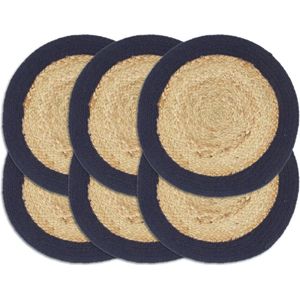 Handgeweven Placemat - Naturel - Marineblauw - Jute en Katoen - Set van 6