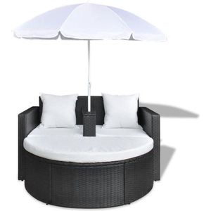 Loungebed Ibiza set Poly Rattan met Parasol Zwart