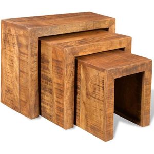 vidaXL - 3-delige Tafeltjesset - Houten - Antieke Stijl - Massief Mangohout