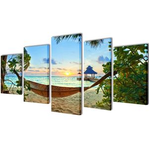 Canvas Muurdruk Set - Zandstrand Met Hangmat - 5 Panelen - Waterdicht