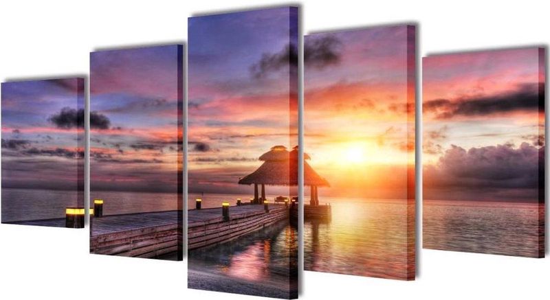 Canvas - Zandstrand Met Paviljoen - 5-Panelen Muurdruk Set - Waterdicht - 200 x 100 cm