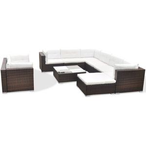 VidaXL 10-delige Loungeset met Kussens - Poly Rattan Bruin