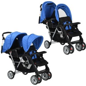 vidaXL Kinderwagen dubbel staal blauw en zwart