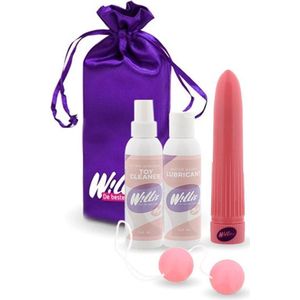 Willie Toys Vibrator Pakket - Starterskit voor Haar - Inclusief: Vibrator (Lengte: 15 cm) - Geishaballen - Satijnen opbergzakje - Toycleaner - Glijmiddel
