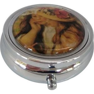 Pillendoosje drievaks met spiegeltje en reproduktie Auguste Renoir, meisjes met hoed met bloemen