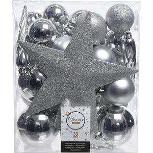 Decoris Kerstballen Mixbox 33-delig | Zilver | Diverse Maten | Glanzend, Mat en Glitter | Met Glitter Afgewerkte Piek