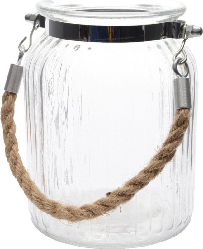 Windlichtje/kaarsenhouder van glas met koordje 14,5 x 11 cm - Voor binnen en buiten