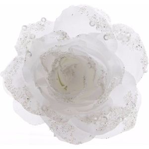 Decoris kerstclip roos met glitters D 14 cm wit