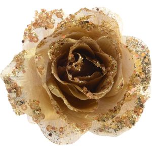 Decoris kerstclip roos met glitters D 14 cm goud