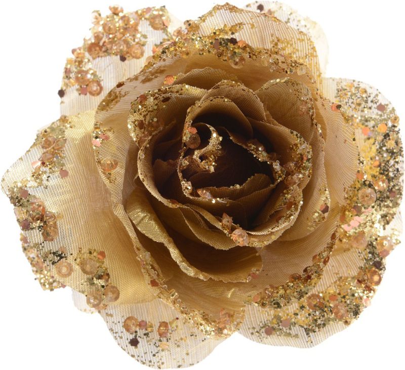 Decoris kerstclip roos met glitters D 14 cm goud