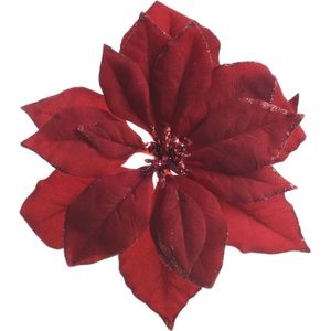 1x stuks decoratie bloemen kerstster rood glitter op clip 24 cm