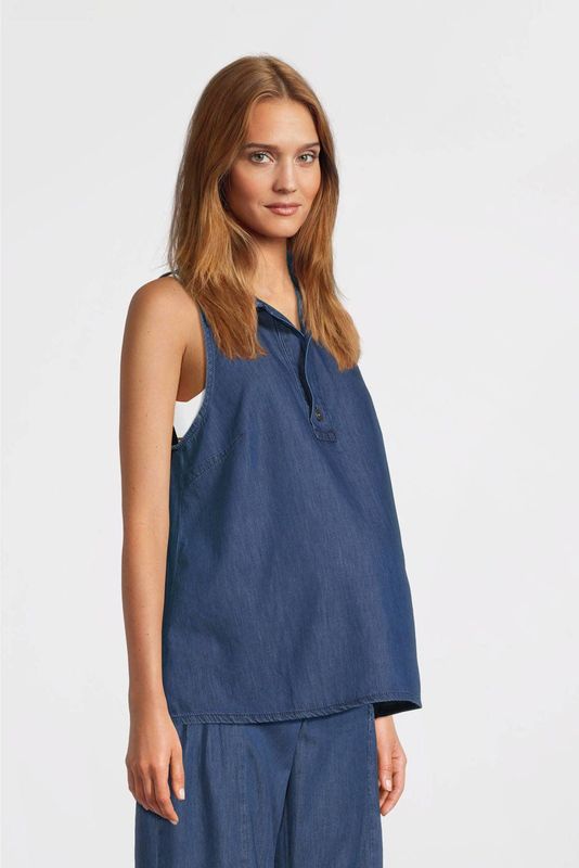 Blouse - Effen - Denim - Normale Pasvorm - Mouwloos