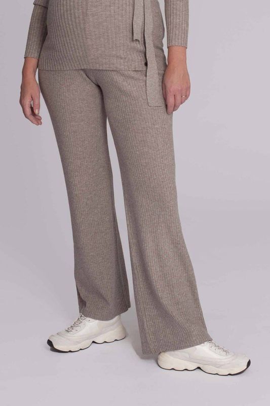 LOVE2WAIT - Wide Leg High Waist - Zwangerschapsbroek - Beige - Rib Gebreid