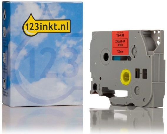 123inkt - TZe-431 - Tape - Zwart op Rood - 12 mm - 8 Meter