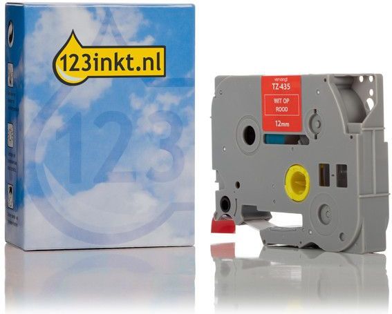 123inkt - TZe-435 Tape - Wit op Rood - 12 mm - 8 m
