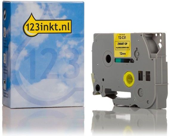 123inkt - TZe-C31 Tape - Zwart op Fluoriserend Geel - 12 mm x 5 m