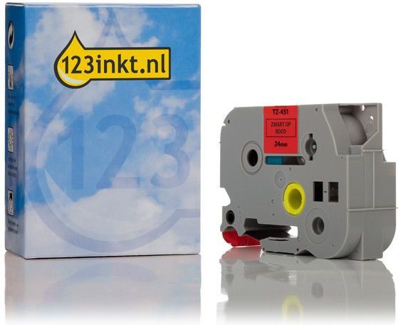 123inkt - TZe-451 - Tape - Zwart op Rood - 24 mm breed - 8 m lang
