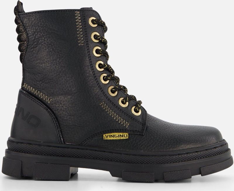 Vingino - Jennifer - Veterboots - Zwart - Leatherlook - Goudkleurige Accenten