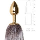 Kleine goudkleurige buttplug met bruin/witte vossenstaart