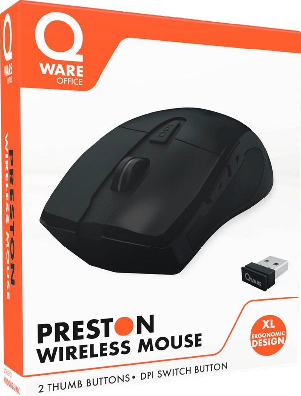Qware Office - XL Muis - Grote Handen - Draadloos - Preston - 1000-1600-2400 DPI - Rechtshandig - Zwart