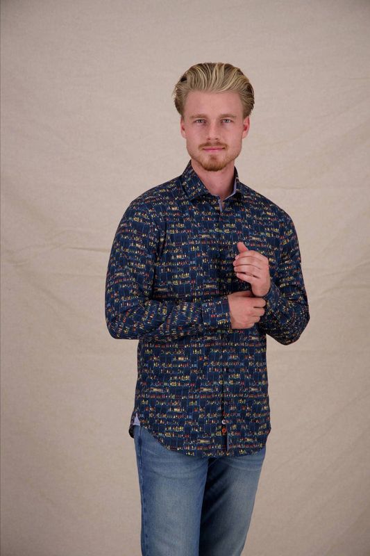 A fish named Fred - Overhemd - Donkerblauw - Regular Fit - Lange Mouwen