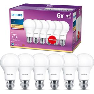 Philip LED-lamp 6-pack - Warmwit licht - E27 - 75 W - Mat - Energiezuinige LED-verlichting - Levensduur tot 15 jaar