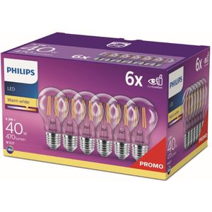Philips LED-lamp 6-pack - Warmwit licht - E27 - 40 W - Transparant - Energiezuinige LED-verlichting - Filament lamp