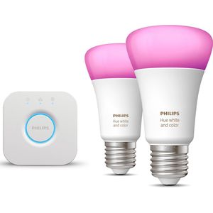 Philips Hue Starterspakket - E27 - met 2 Standaard Lampen - Wit en Gekleurd Licht - Incl. 1 Hue Bridge - Hue White and Color Ambiance