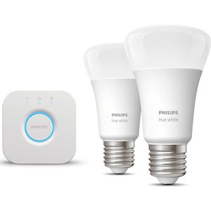 Philips Hue Starterspakket - E27 - met 2 Standaard Lampen - Warmwit Licht - Incl. 1 Hue Bridge - Hue White