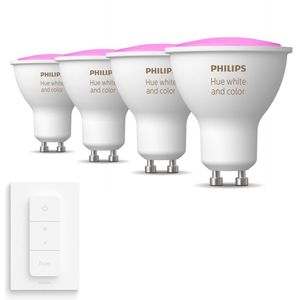 Philips Hue GU10 spot bundel 4 stuks - wit en gekleurd licht - 5,7W - Bluetooth - 1 Dimmer Switch - Dimbaar