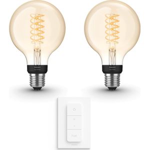 Philips Hue White Filament Globe E27 Uitbreidingspakket - 2 Hue Lampen en Dimmer Switch - Warm Wit Licht - Dimbaar