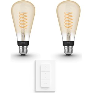 Philips Hue Uitbreidingspakket White Filament Edison Groot E27 - 2 Hue Lampen en Dimmer Switch - Warmwit Licht - Dimbaar