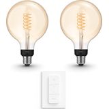 Philips Hue Uitbreidingspakket White E27 - 2 Hue Lampen en Dimmer Switch - Warm Licht - Filament Globe Groot - Werkt met Alexa en Google Home