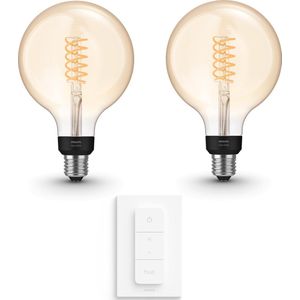 Philips Hue Uitbreidingspakket White E27 - 2 Hue Lampen en Dimmer Switch - Warm Licht - Filament Globe Groot - Werkt met Alexa en Google Home