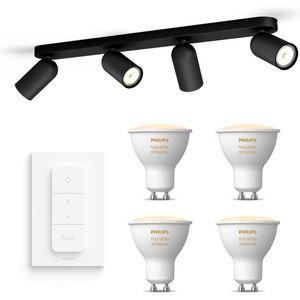 Philips myLiving Pongee Opbouwspot White Ambiance GU10 - 4 Hue Lampen en Dimmer Switch - Warm tot Koelwit Licht - Dimbare Plafondspots - Zwart