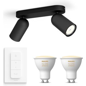 Philips myLiving Pongee Opbouwspot White Ambiance GU10 - 2 Hue Lampen en Dimmer Switch - Warm tot Koelwit Licht - Dimbare Plafondspots - Zwart