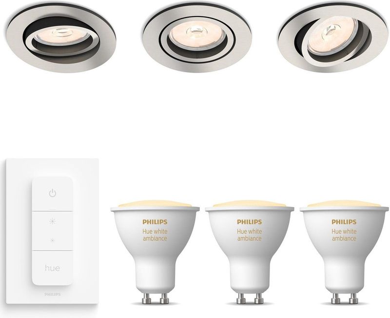 Philips Hue Donegal Set van 3 Inbouwspots (Mat Chroom) - Rond - GU10 - Warm tot Koelwit Licht - Incl. Hue Dimmer Switch - Hue White Ambiance