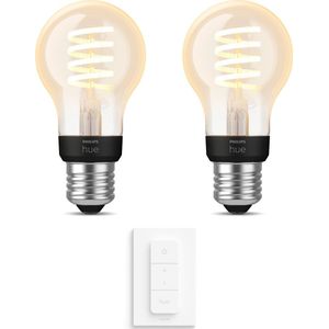 Philips Hue Uitbreidingspakket White E27 - 2 Hue Lampen en Dimmer Switch - Warm - Filament Standaard - Werkt met Alexa en Google Home