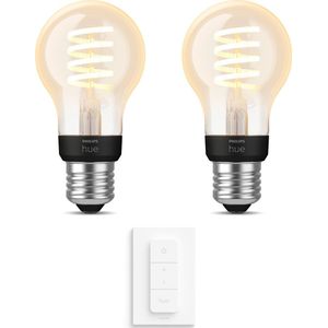 Philips Hue Uitbreidingspakket - E27 - met 2 Filament Standaard Lampen (A60) - Warmwit Licht - Incl. 1 Hue Dimmer Switch - Hue White Filament