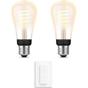 Philips Hue Uitbreidingspakket White Ambiance E27 - 2 Hue Lampen en Dimmer Switch - Warm tot Koelwit Licht - Filament Edison Klein - Werkt met Alexa en Google Home